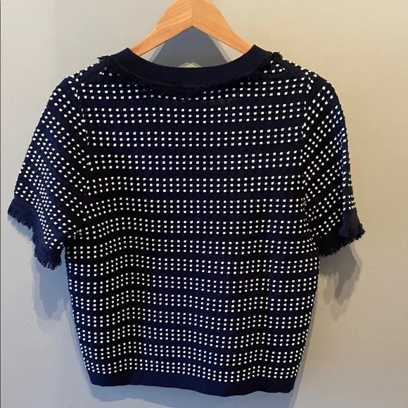 Adrianna Papell Navy and White V-Neck Sweater with fringe Size Large - Picture 8 of 10
